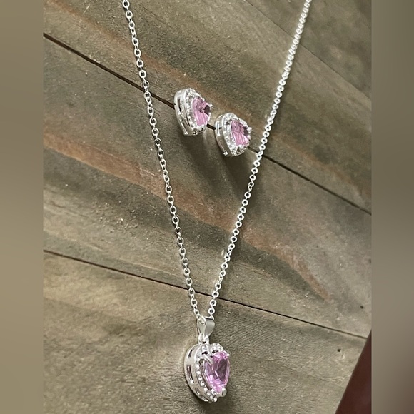 Pink Cubic Zirconia Heart 3 Piece Jewelry Set Pendant Silver Necklace Earrings - Picture 7 of 14